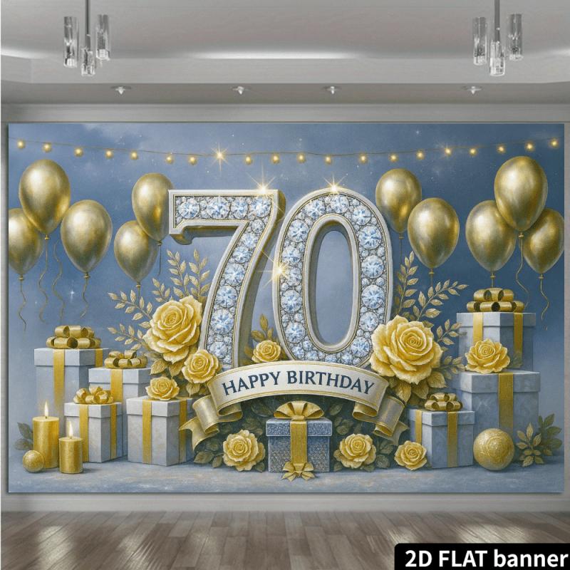 2D Planar High-end Black and Gold 70th Birthday Backdrop Cloth, Suitable for Both Indoor and Outdoor Use, Party Supplies