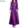 Women Casual Round Neck 3/4 Sleeve Pleated Long Dress