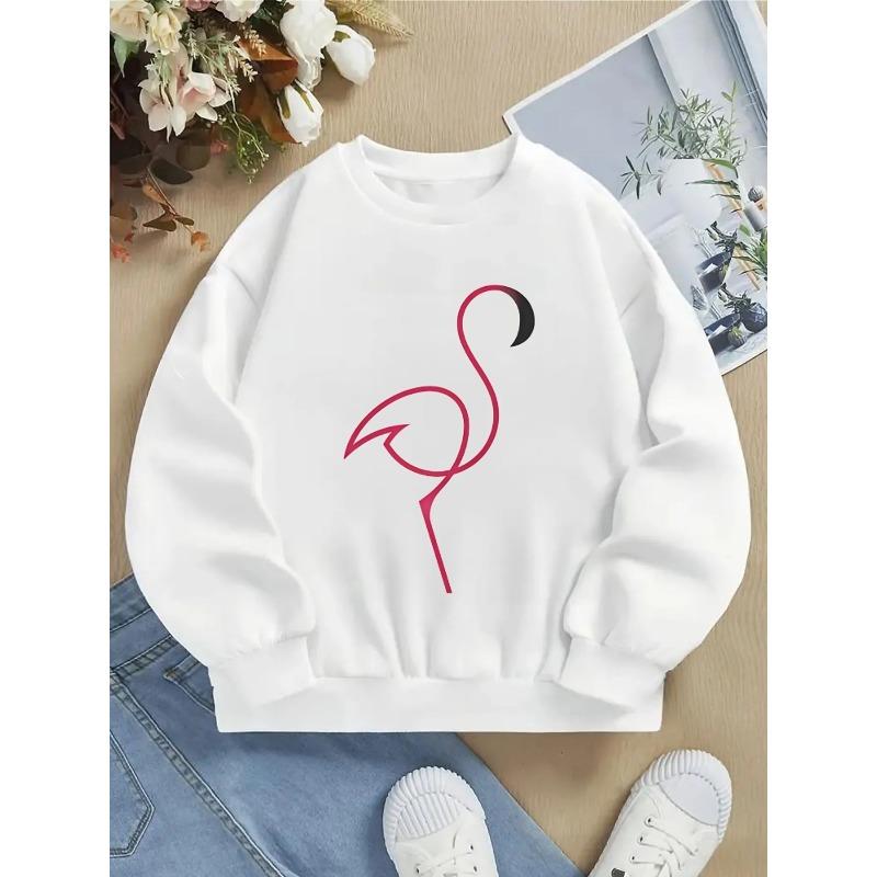 European sizes Kids  Pink Flamingo Print Hoodie - White Long Sleeve Round Neck Sweatshirt with Flamingo Silhouette & Black Wing Tips 110 белый