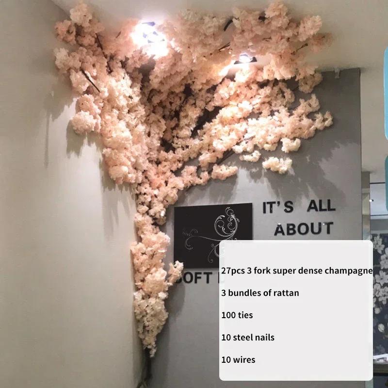 Artificial Cherry Tree Rattan Flower, Silk Wedding Background, Wall Decoration Flower, Home Decoration