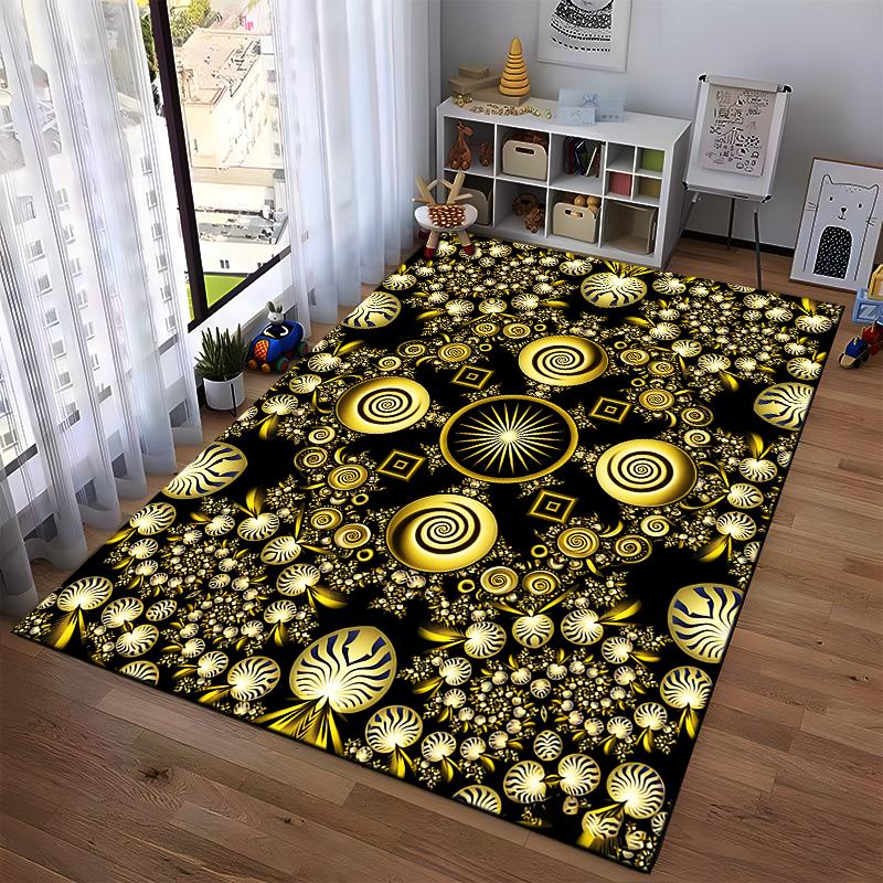 Abstract Mandala Black Gold Spiral Pattern Carpet for Living Room Suitable for use as an anti-slip for living room bedroom sofas