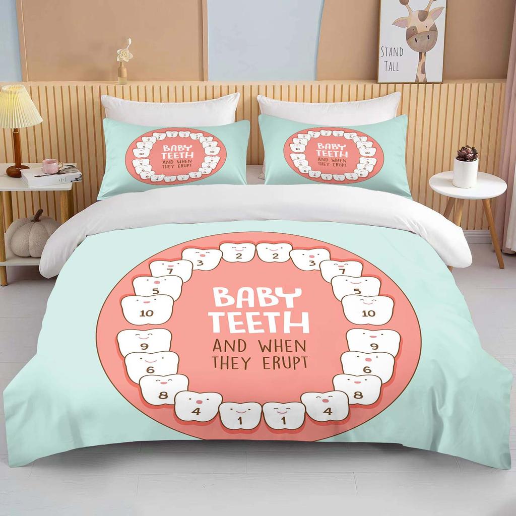 Niedliches Cartoon-Zähne-Druck Bettwäscheset Bettbezug 1 Bettbezug 2 Kissenbezüge Bettwäscheset für Erwachsene und Kinder Luxus-Bettüberwurf-Set