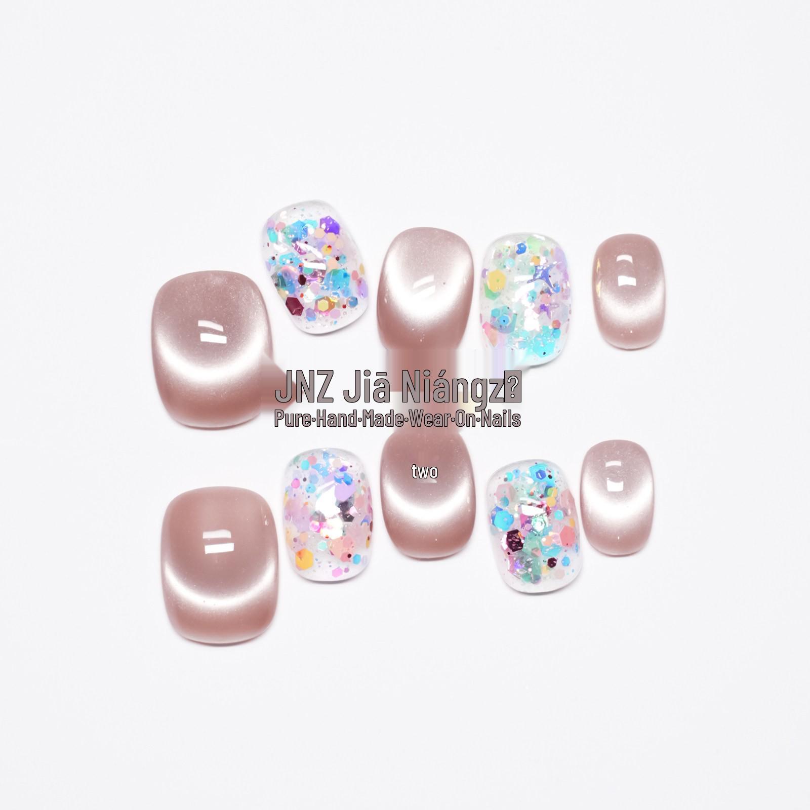 Jia Niangzi Handmade Short Cat Eye Nude Pink Nails with Glass Beads - Luxury, Cute, Gentle Manicure