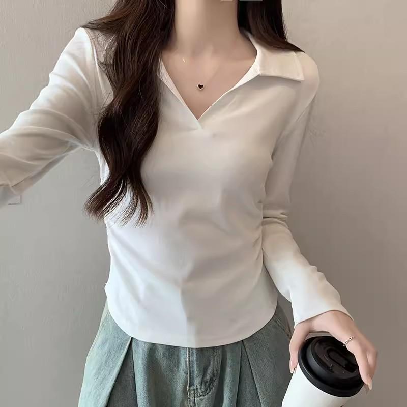 Korean Style Polo Collar Long-sleeved Mask T-shirt for Women In Autumn and Winter New Design Pleated Waist Unique and Unique Bottoming Shirt