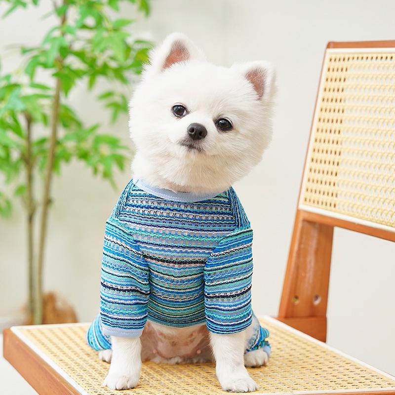 Breathable Hollow-Out 4-Legged Dog Jumpsuit for Small Dogs - Colorful Striped Puppy Clothing (2 Colors)