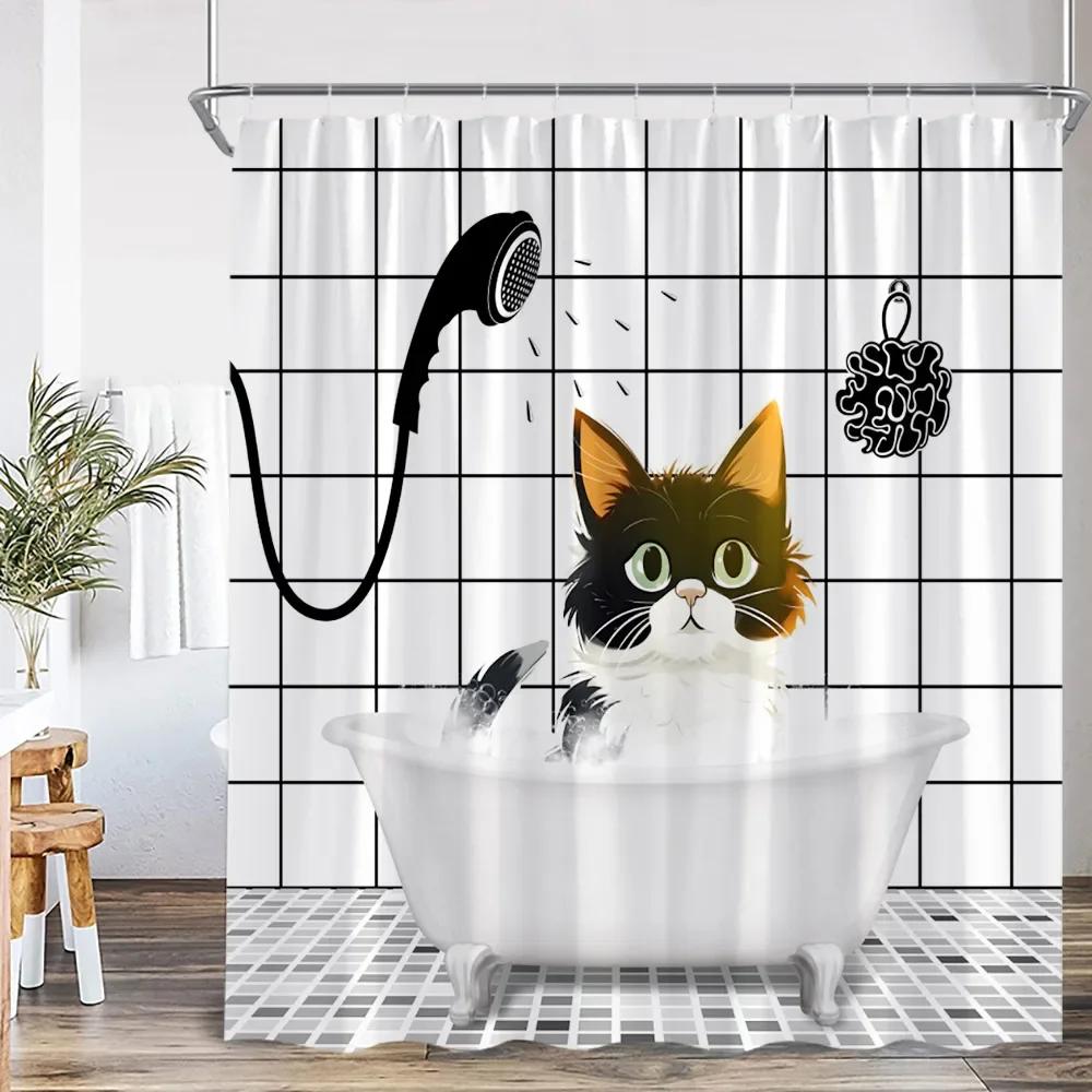 

Cute Cats Shower Curtains Bathing Cats Cartoon Animals Bathroom Decortaions Kids Polyester Fabric Bath Curtains with Hooks W90xH180cm(35x70in)