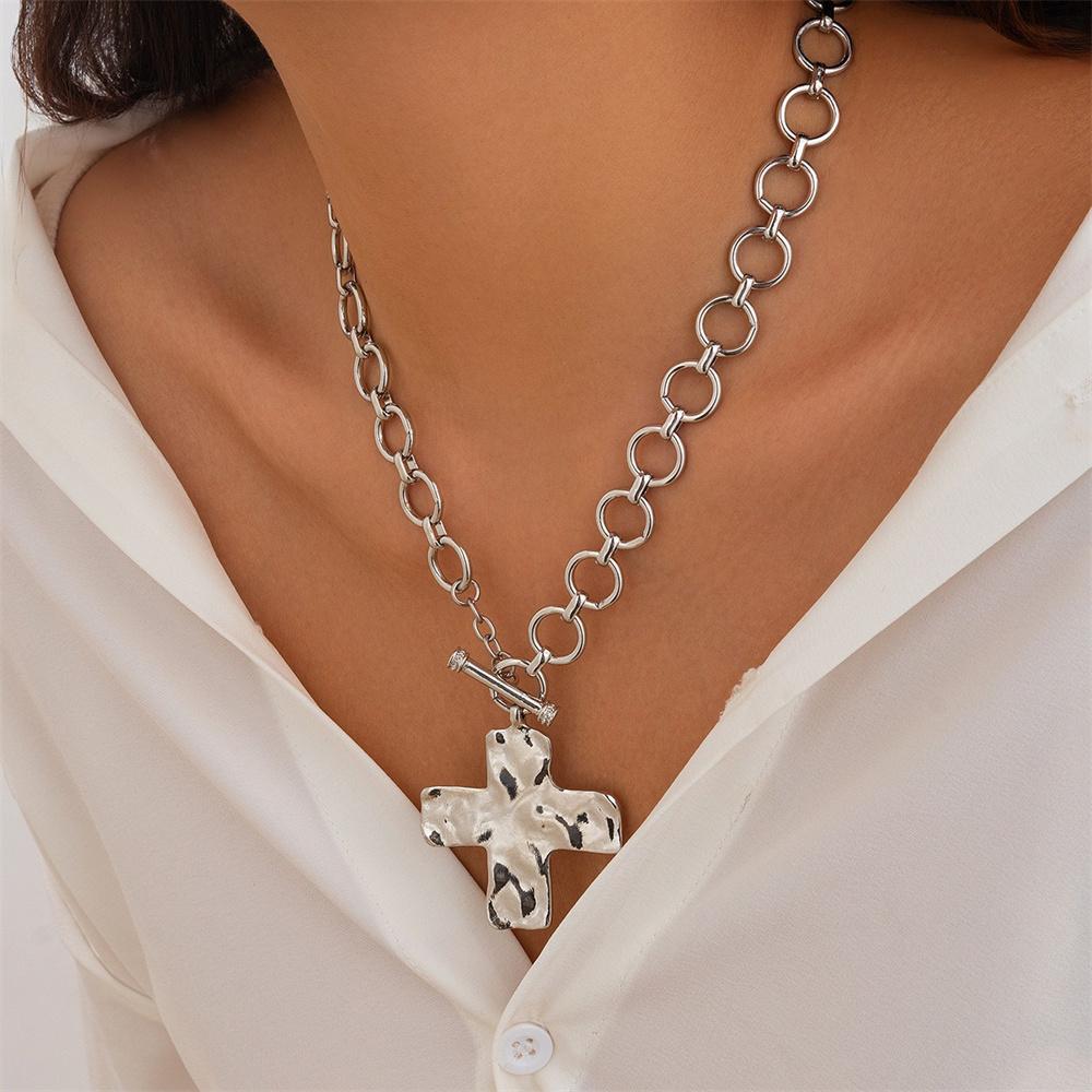 Punk Big Cross Pendant Necklace for Women Hip Hop OT Buckle Chain Grunge Goth Jewelry Gifts