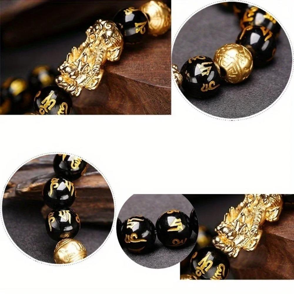 1 bracelet en perles de pierre d'obsidienne, bracelet Pixiu noir, bracelet de richesse, bracelets porte-bonheur pour femmes et hommes