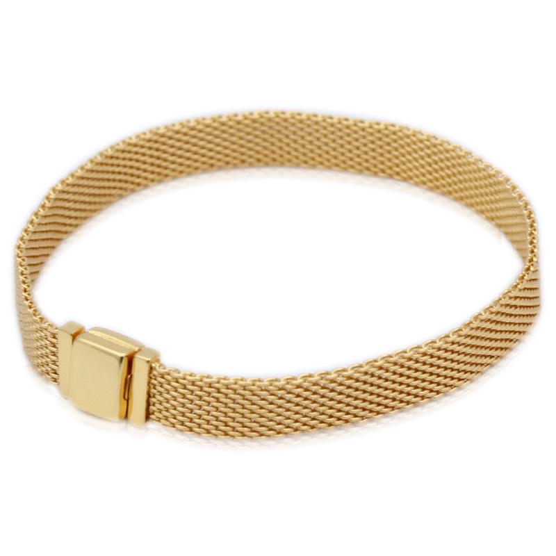 Rose Gold Woven Mesh Reflexions Long Clasp Bracelet 925 Sterling Silver Bangle Fit Original Popular Bead Charm Diy Jewelry