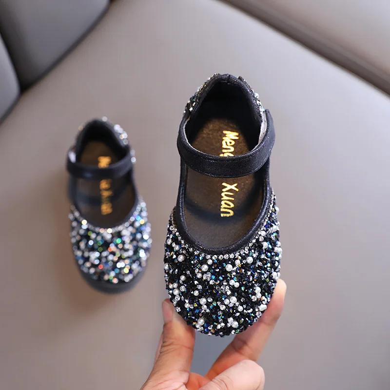 Girls Leather Shoes Children's Lace Butterfly Rhinestone Pearls Beading Performance Single Shoes Fashion Weeding Kids Shoes