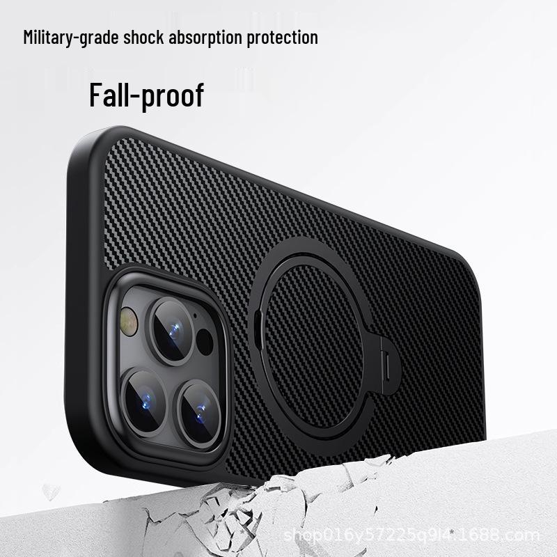 Apple 16 Pro Max Carbon Fiber Magnetic Case with Double Ring & 360° Rotating Stand