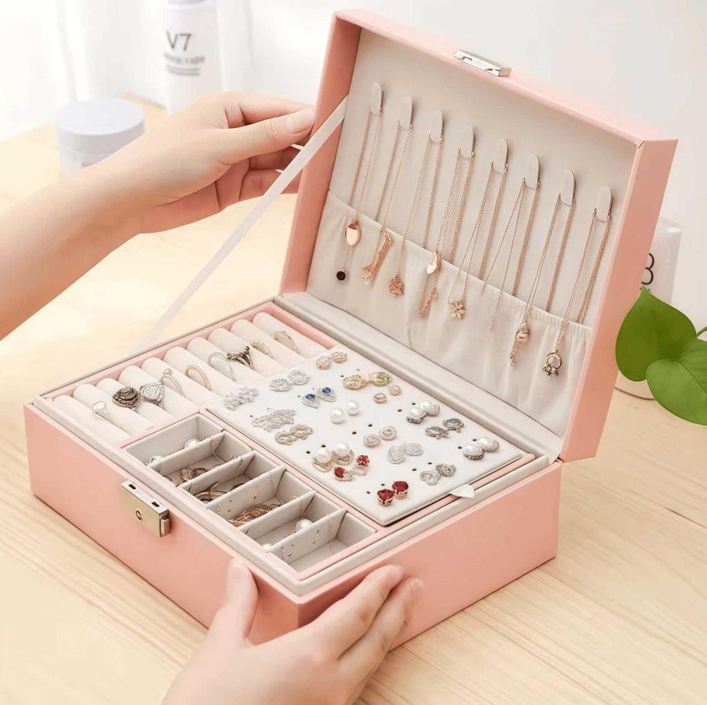 High-end Leather Double-layer Jewelry Box Necklace Ring Jewelry Stud Earrings Display Jewelry Storage Box with Lock