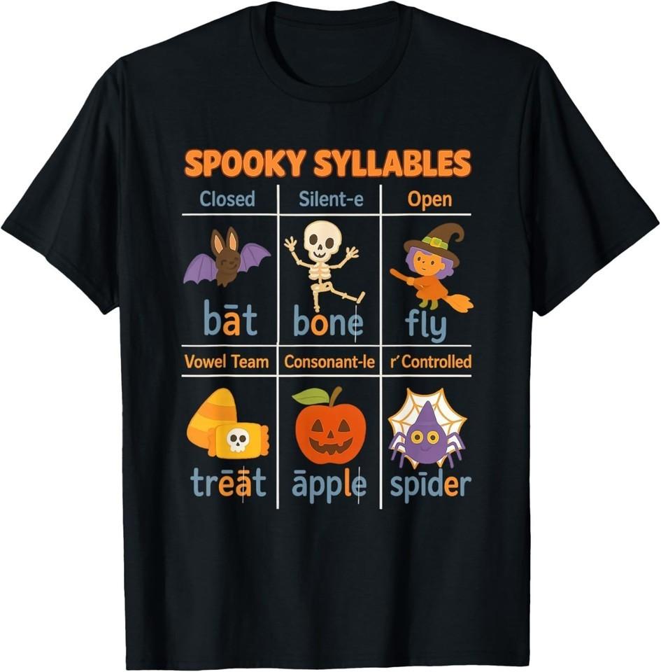 Spooky Syllables Teacher Funny Halloween Educational Kids T-Shirt S