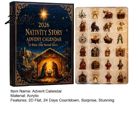 Collectible Holiday Hanging Ornaments 2026 Nativity Story Christmas Advent Calendar, 24 Days Countdown Calendar Ritual Gift for Kids with 2D