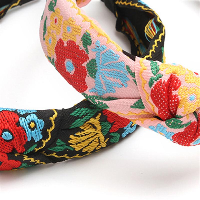 Pretty Boho Floral Embroidery Tape Headband for Lady Girls Shopping Party Headpiece Top Bow Knot Hairband for Women Head Wears