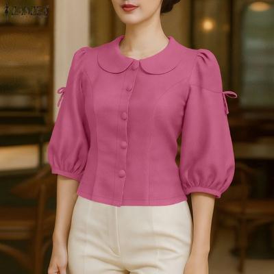 Women Casual Doll Collar Solid Color 3/4 Sleeve Loose Blouse
