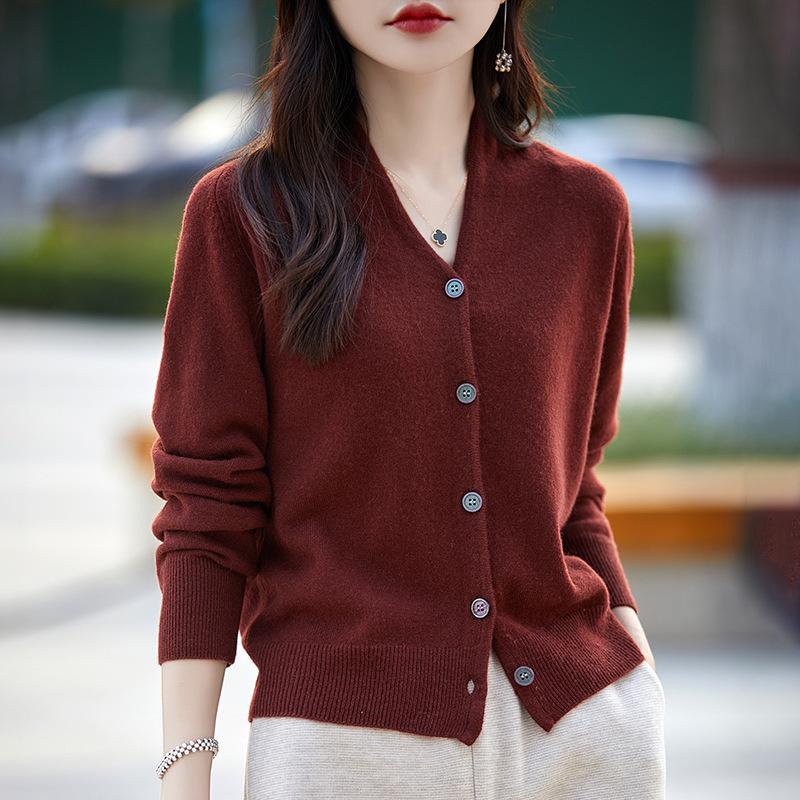 2025 Fall/Winter Women's V-neck Solid Color Ribbed Loose Knit Cardigan
