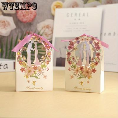 15pcs Floral Candy Boxes with Ribbons Wedding Gift Packing Box Bridal Shower Treat Bags Gift Packaging Paper Craft Party Supplies Wedding Party Gift