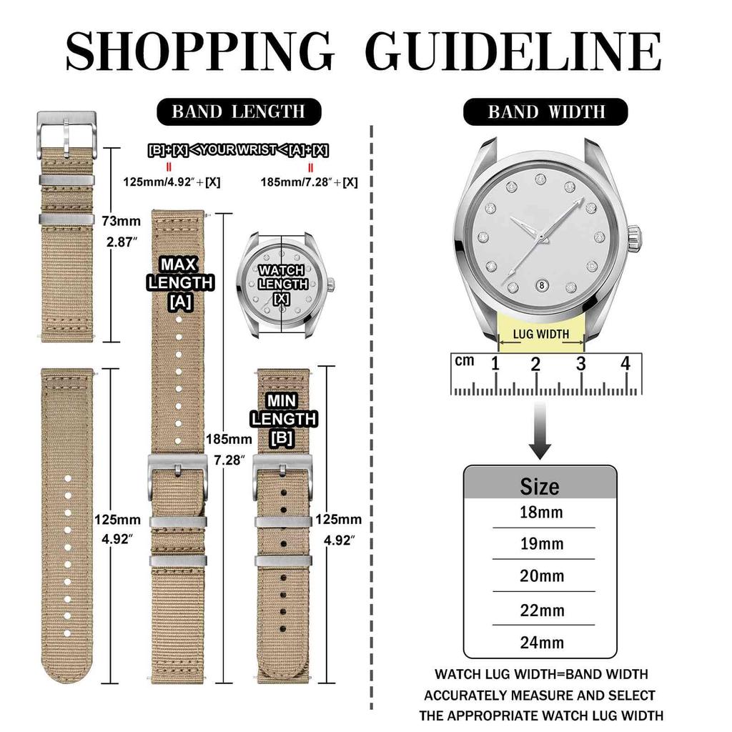 Anbeer 19mm Nylon Watch Band with Quick Release Replacement Khaki with Metal Loop and Silver Buckle Two-Piece Strap,