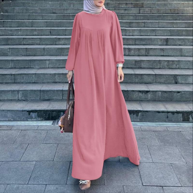 ZANZEA Women Round Neck Loose Long Sleeve Muslim Casual Long Dress