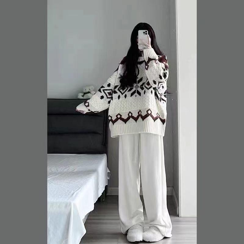Women's Spring Academy-Style Knit Sweater & Wide-Leg Pants Two-Piece Set