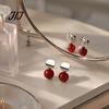 Lightweight Drop Earrings 1 Pair Red Bead Round Stud Earrings, Minimalist Light Luxury Trendy Copper for Women, Polished Silver Disc Jewelry