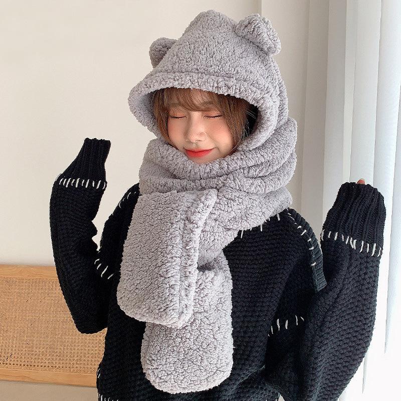 Plush Bear Hat Scarf One-Piece Women'S Winter Scarf Winter Versatile Cycling Warmth Beanies Caps With Plush Ear Protection Hood