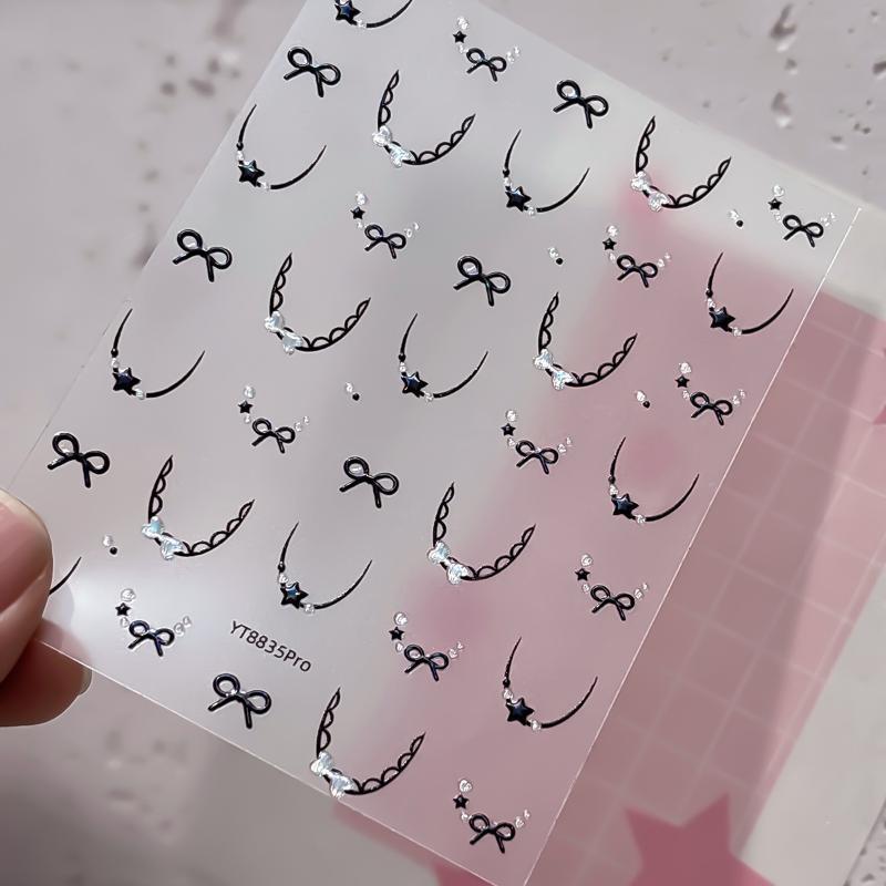 Nail Stickers Cute Bow Stars French Lace 3D Self-Adhesive DIY Nail Art Decals for Home Salon Manicure Beginners