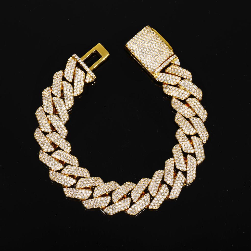 16mm 3-Row Rhombus Cuban Chain Bracelet with Inlaid Moissanite - Luxury Hip Hop Style for Men