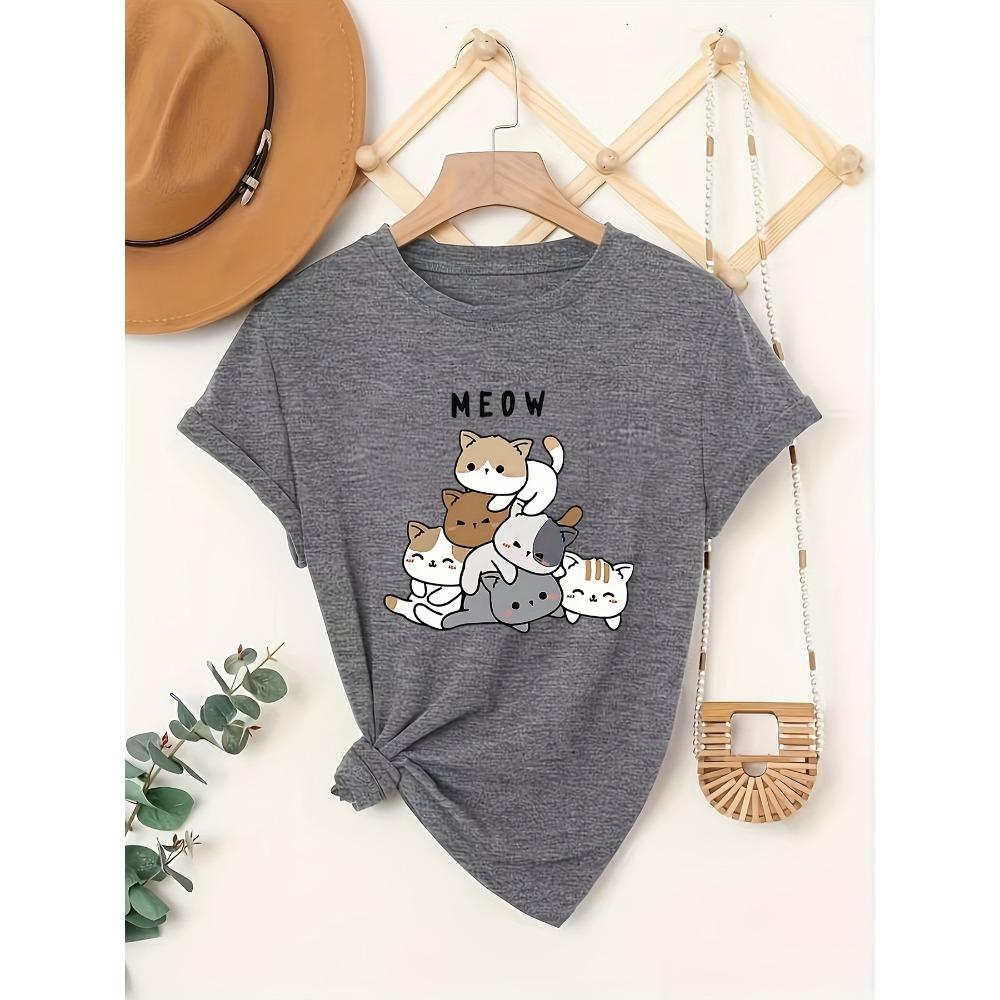 Damen Baumwolle Kurzarm T-Shirts MEOW Katzenhaufen Damen T-Shirt Niedlich Kawaii Grafik Lässig Katzenliebhaber Oberteil