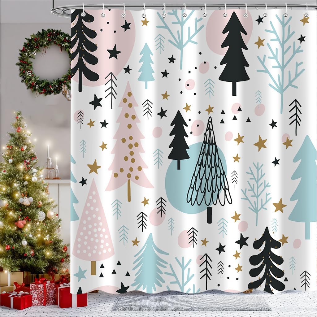 Christmas Tree Shower Curtain, Winter Colorful Cartoon Xmas Tree Cute New Year Bath Curtain Decor, Waterproof Bathroom Accessory