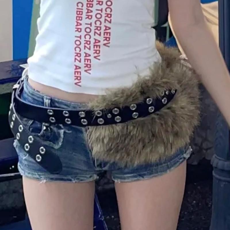 1 Peça Cós de Vaca Peludo para Boate Corrente de Cintura de Pelúcia Cinto Punk de Inverno Y2K Contas de Metal Vintage Peludo Sexy Cintos de Pele Sintética Moda