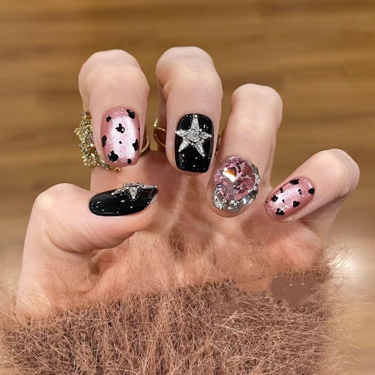 Handmade Leopard Print Sparkle Star Cat Eye Whitening Nails Extra Small