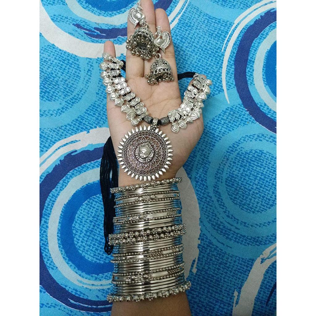 Zestawy biżuterii dla kobiet Posrebrzane afgańskie plemienne naszyjniki Zestaw biżuterii z kolczykami i bransoletkami Combo dla dziewcząt/kobiet