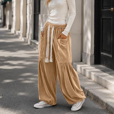 Women’s Fashionable Casual Loose-Fit Wide-Leg Drawstring High-Waisted Corduroy Trousers