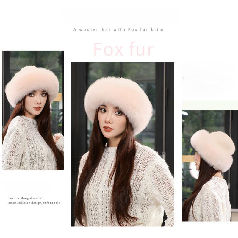 Nouă pălărie elegantă pentru femei, iarnă, caldă, pufoasă, cu oase, moale, în aer liber, groasă, pălărie din blană de vulpe, pălării cu dom pentru femei