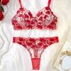 New Ultra-thin Transparent Lace Sexy Bra Red Embroidery Perspective Sex Underwear Set Europe and America