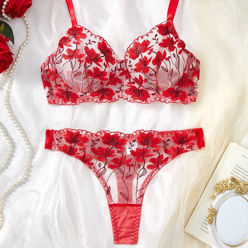 New Ultra-thin Transparent Lace Sexy Bra Red Embroidery Perspective Sex Underwear Set Europe and America