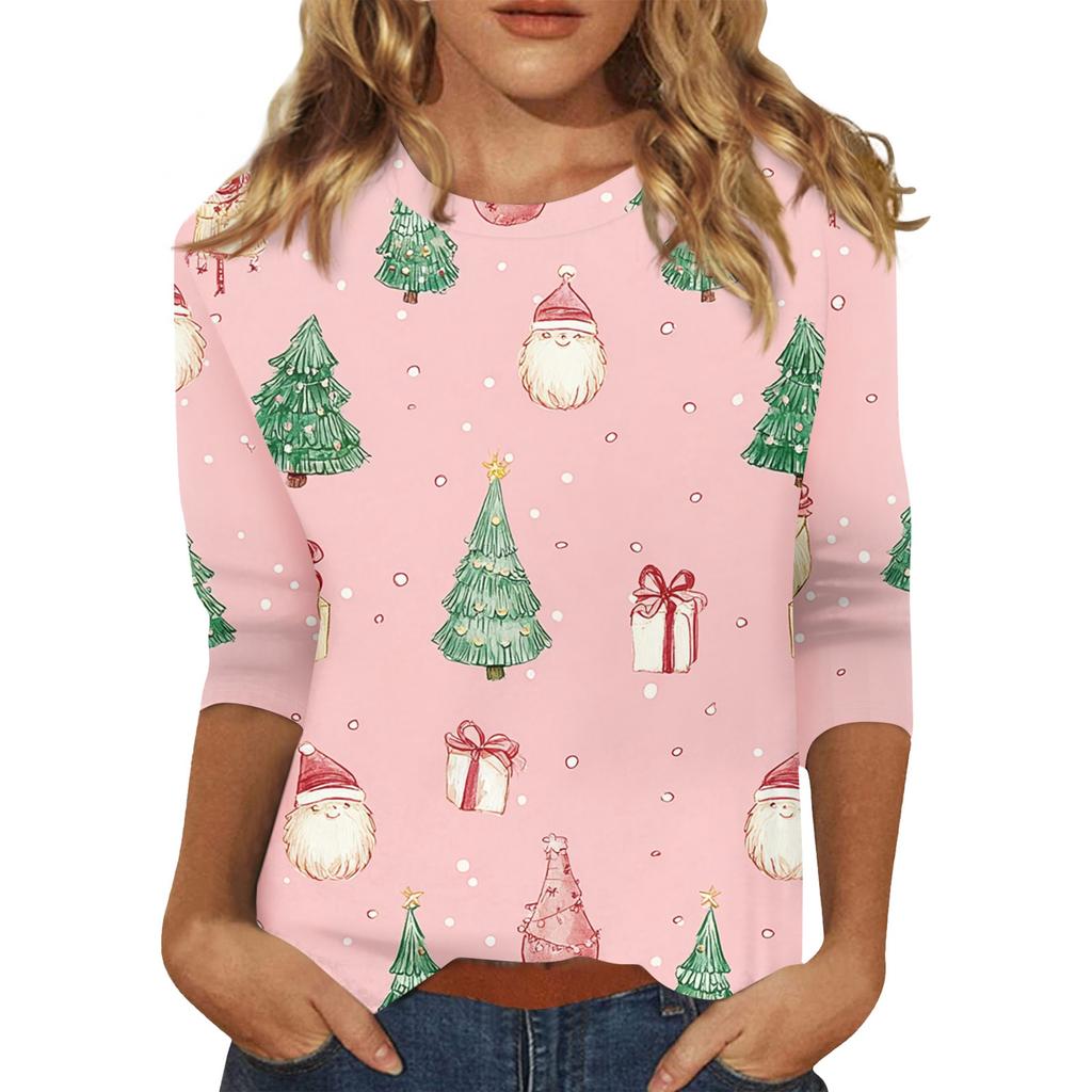 Women's O-Neck 3/4 Sleeve Christmas Print Top