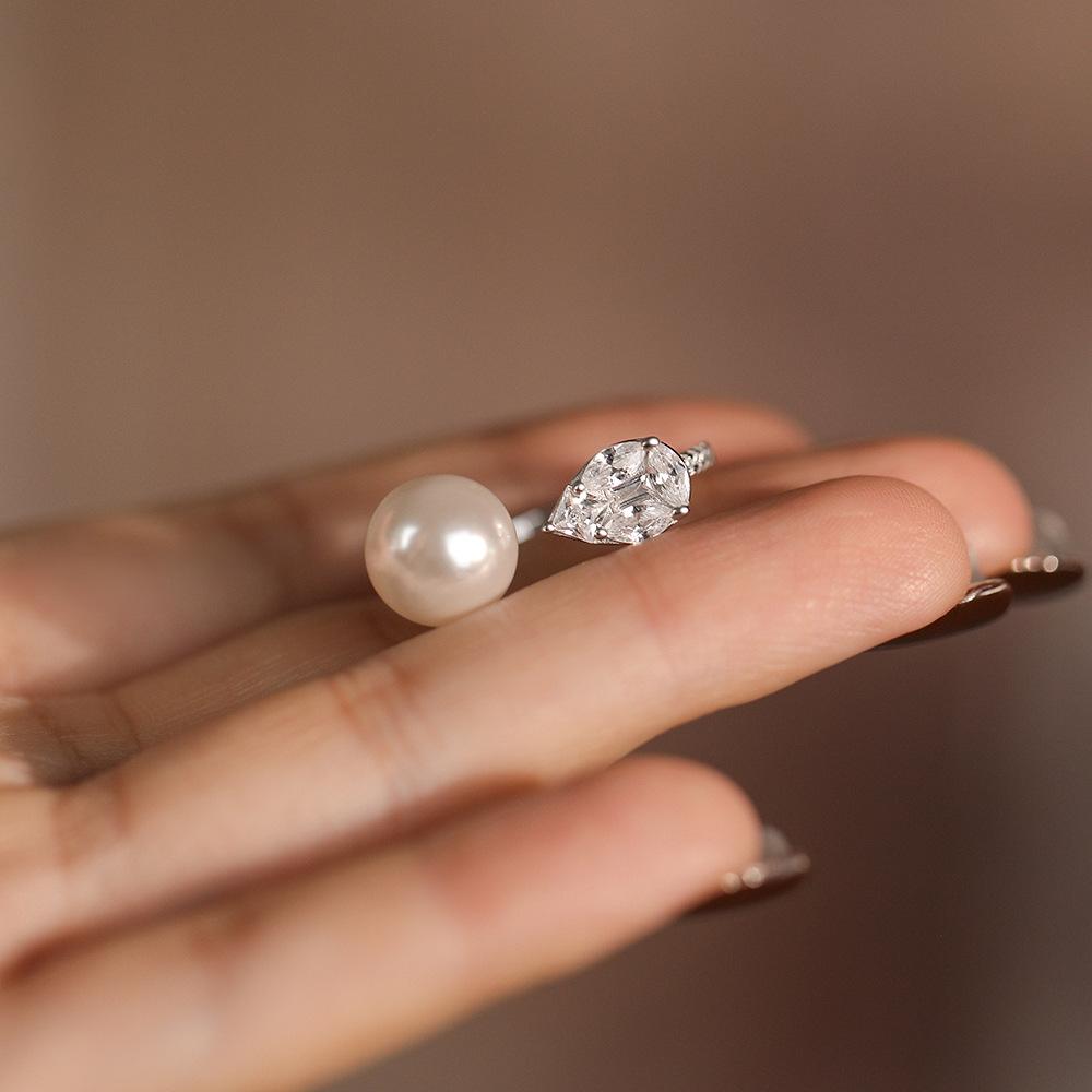 French Retro Pearl Zircon 999 Sterling Silver Adjustable Ring for Women Temperament Wedding Party Jewelry Accessories