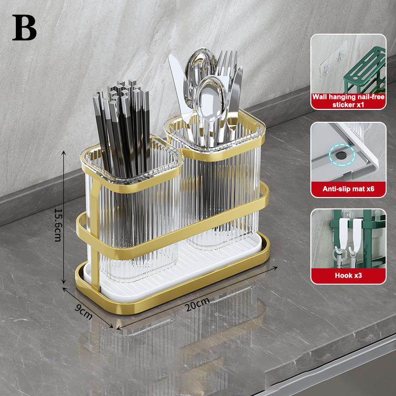 Wall Mounted Kitchen Cutlery Organizer Knife Spoon Fork Chopstick Drain Rack Drainer Utensil Kitchen Storage Punching Free