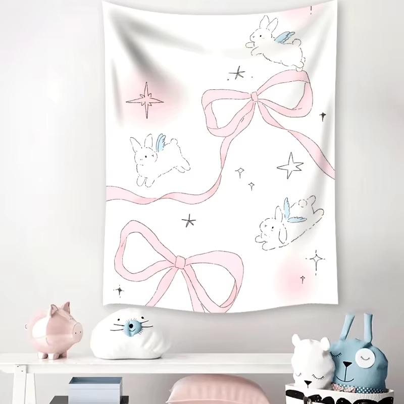 Dreamy Star Moon Rabbit Tapestry Gradient Sky with Bow for Kids Room Instagram Fairy Tale Theme Wall Decor