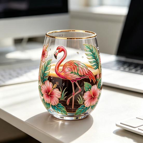Bicchiere da cocktail Farfalla Fenicottero, Tazza Giardino Fiorito Dipinta a Mano, Bicchiere da Vino Succo con Bordo Dorato, Regalo Unico per Lei