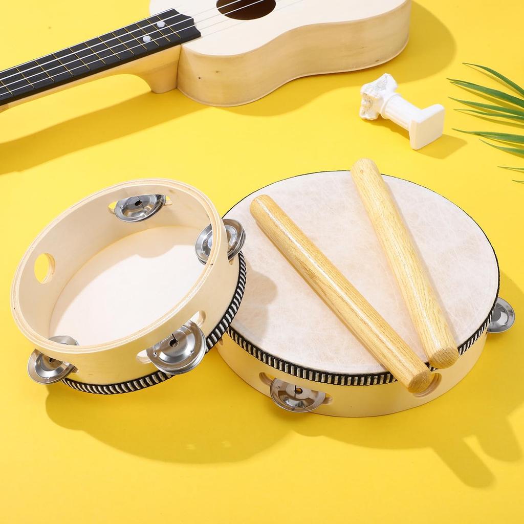 ERINGOGO Handheld Bell Drums, Wooden Percussion Instrument, Set of 2, for Children and Education, Includes Rhythm Sticks