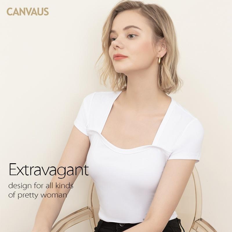 CANVAUS T-shirt da donna con collo quadrato a maniche corte con filo estivo. Camicia da donna slim in cotone