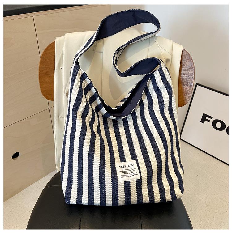 Simple Bag, Commuter Shoulder Bag, Large Capacity, High Value, Positive and Negative Dual-purpose Striped Canvas Bag