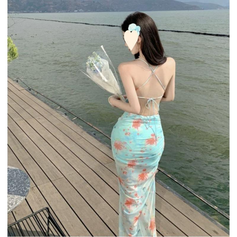 Atmosphere vacation style sweet and spicy high split waist floral dress pure desire beach photo S