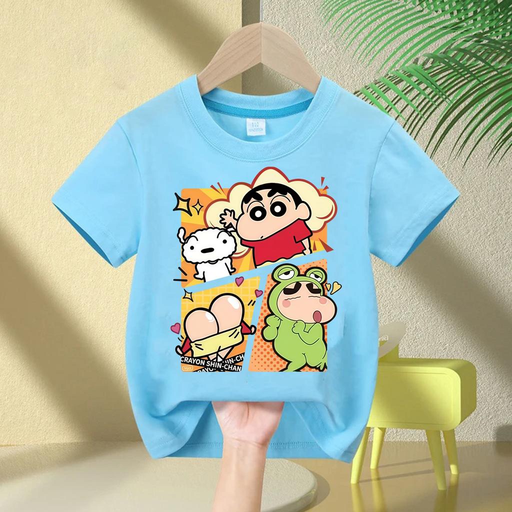 2026 New Summer Cotton Cartoon Crayon Shinchan Print TShirt Summer Fashion Casual Round Neck Cotton Childrens Top