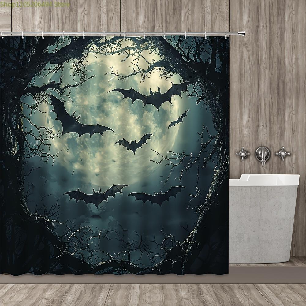Halloween Bat Phase and Bare Trees Shower Curtain, Washable Polyester with Hooks, Black Mysterious Animal Theme Bathroom Decor