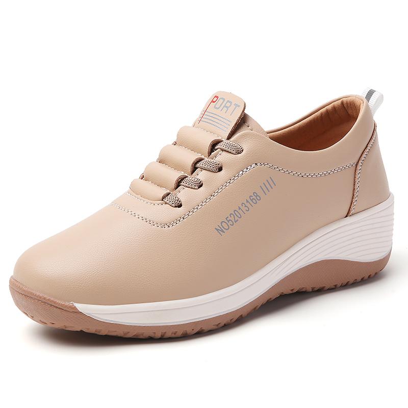Women Platform Loafers Casual Elegant Leather Khaki Sneakers Thick Sole Height Increase Shake Shoes Large Size
